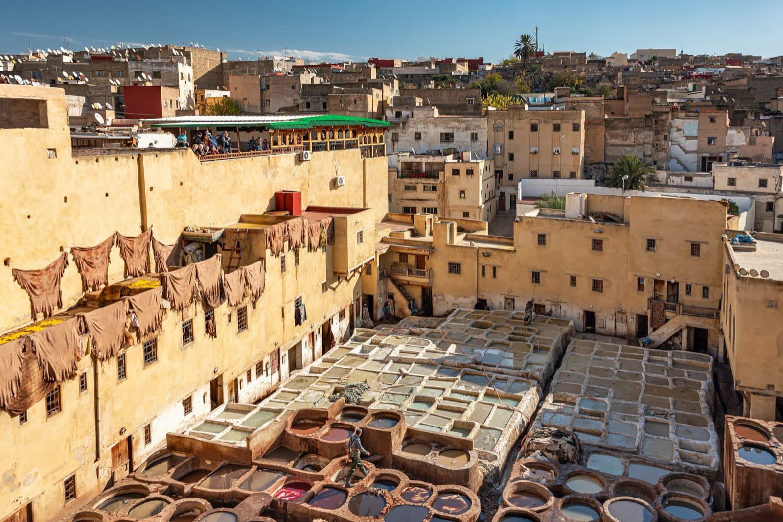 The Chouara tannery in Fès, rows of dye pits between pale medina walls